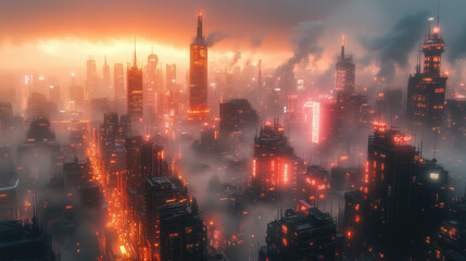 Obraz premium Futuristic cityscape at sunset with vibrant neon orange lights, misty skyline and towering buildings in atmospheric haze