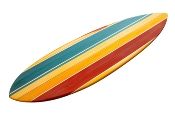 A wooden surfboard with a colorful design, cut out. Isolated on transparent or white background, rainbow pattern with color red, blue, orange and yellow 