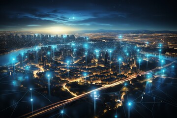 Obraz premium Night city skyline with glowing network connections.