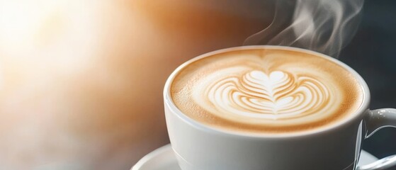 A steaming cup of coffee with an intricate heart-shaped latte art, set against a soft, glowing background.