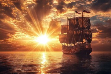 Obraz premium A stunning depiction of a medieval ship during sunset.