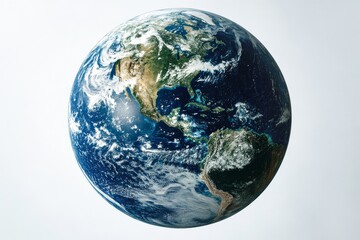 Realistic Earth with blue and green tones centered on a white background, no shadows or reflections.