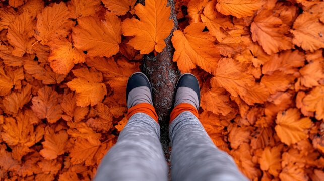 Autumnal Footsteps: A top-down perspective captures a pair of feet standing atop a fallen log, surrounded by a sea of vibrant orange leaves. - Powered by Adobe