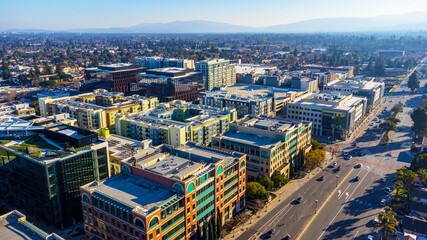 Aerial view of downtown Sunnyvale along S Mathilda Ave, highlighting mixed-use development