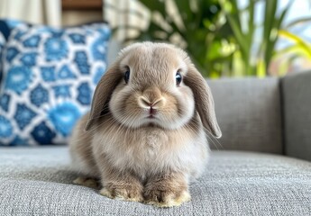 Small fluffy gray lop-eared rabbit sitting on sofa with blue patterned pillows, soft gray carpet, close-up shot of bunny.