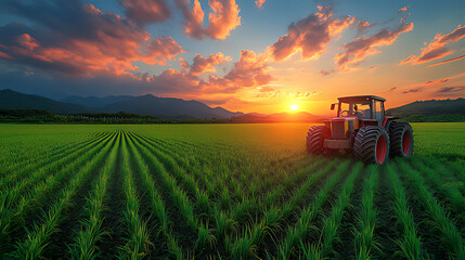 Fototapeta premium Tractor sunset field agriculture farming landscape mountains