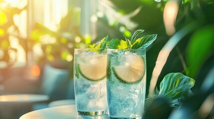 Refreshing Iced Mint Lime Drinks Outdoors