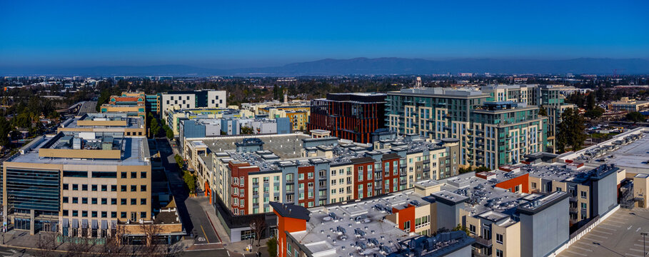 Aerial view of modern multi-story residential apartments and commercial buildings in downtown Sunnyvale, California