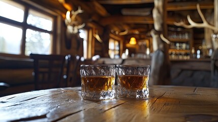 Two Glasses of Whiskey in a Rustic Cabin Bar
