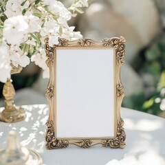 Frame mockup photo, ornate vintage frame, pretty flowers, natural light