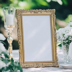 Frame mockup photo, ornate vintage frame, natural light