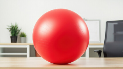 A vibrant red exercise ball sits on a wooden desk in a modern office environment, surrounded by greenery and minimalist decor.