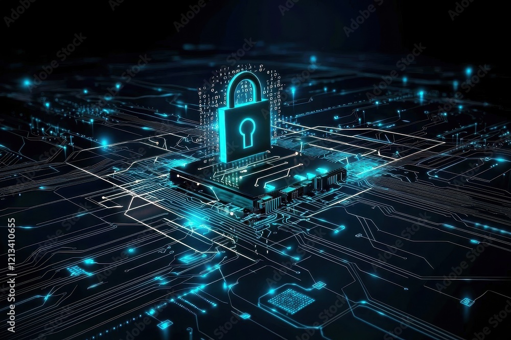 Poster artistic representation of security, blending abstract forms with technological motifs.