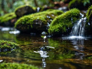 A Tranquil Scene in the Indonesian Forest, Where Water Droplets Fall from Mossy Rocks into a Clear River, Creating Small Circles on the Water's Surface, Surrounded by Blurry Greenery in the Background