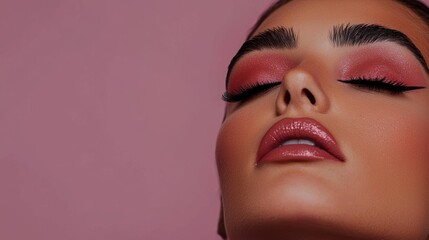 Stunning Makeup Beauty Portrait  Eyeshadow  Lips  Pink Background