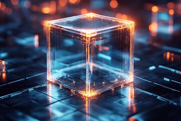 Blue technology-style background with gradient colors, 3D square platform floating above rectangular boxes, transparent glass material, isometric view.