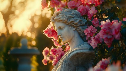 Serene Statue Surrounded by Vibrant Blossoms Garden Photography Peaceful Close-up Beauty