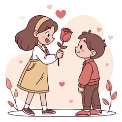 Valentine day girl and boy have a rose in hand