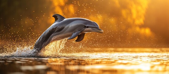 Obraz premium Dolphin leaping from ocean water at sunset. (1)