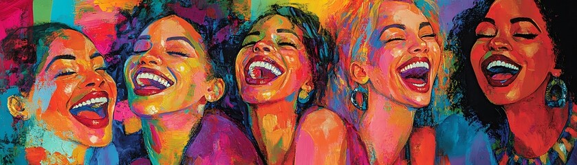 Five Diverse Women Laughing Together in a Colorful Abstract Painting