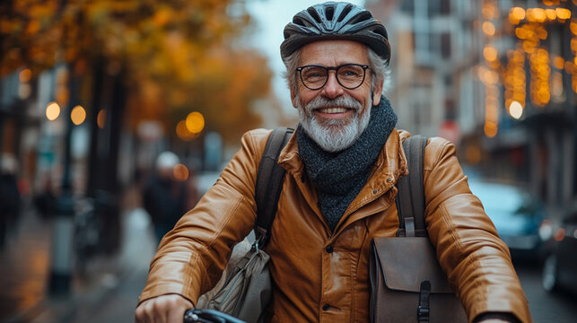 Low angle view of smiling old businessman with shoulder bag and helmet riding bicycle to work in city. --ar 16:9 --style raw --stylize 750 --v 6.1 Job ID: 905240e1-1fa4-44e7-87d4-81db53886f96