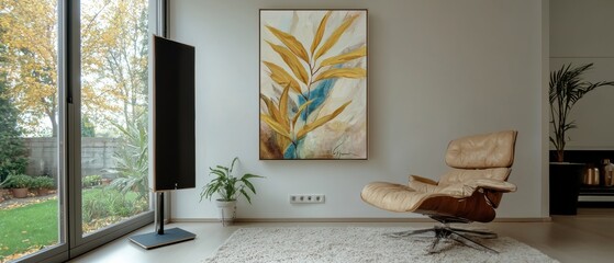 Modern Living Room with Abstract Leaf Painting  Beige Chair   Floor Rug