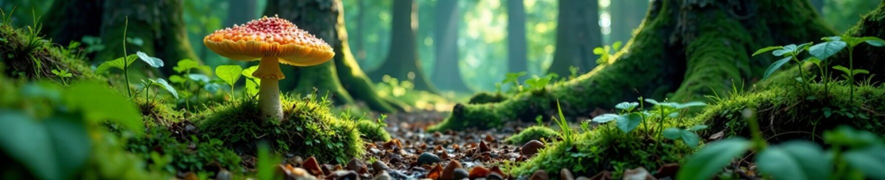 A vibrant forest scene featuring a colorful mushroom amidst lush greenery.