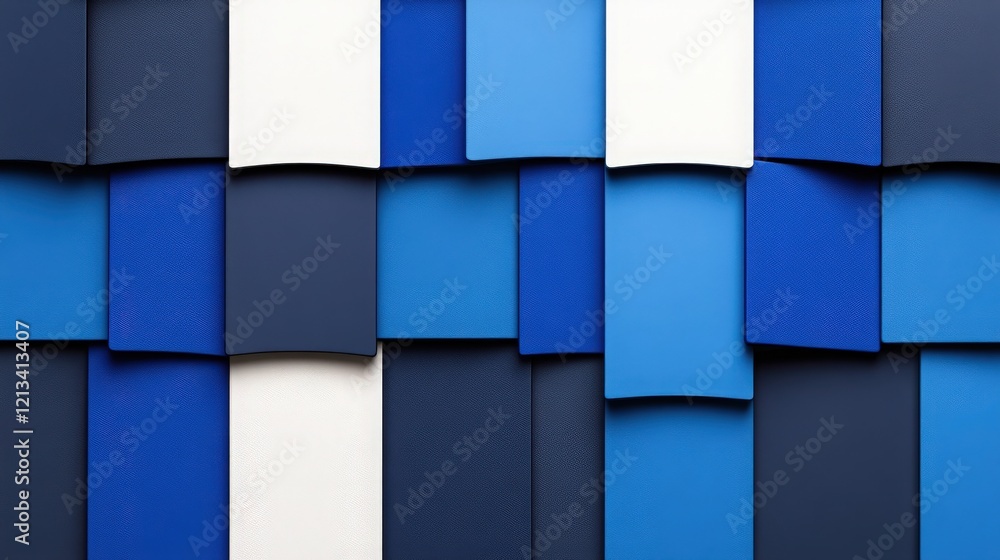 Poster blue and white abstract pattern: an abstract wall of vibrant blue and white geometric shapes, arrang