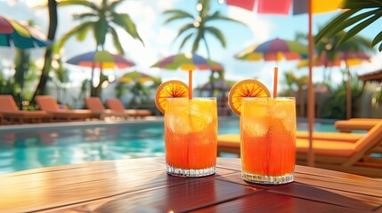 Two Orange Drinks Beside A Tropical Pool