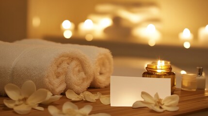 Relaxing spa scene with rolled towels, candles, flowers and a blank card