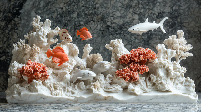 ocean reef with fish and sharks in all white marble stone --ar 16:9 --style raw --stylize 750 --v 6.1 Job ID: 2d00a98c-ed0d-414d-85ab-0e8aba260dbe