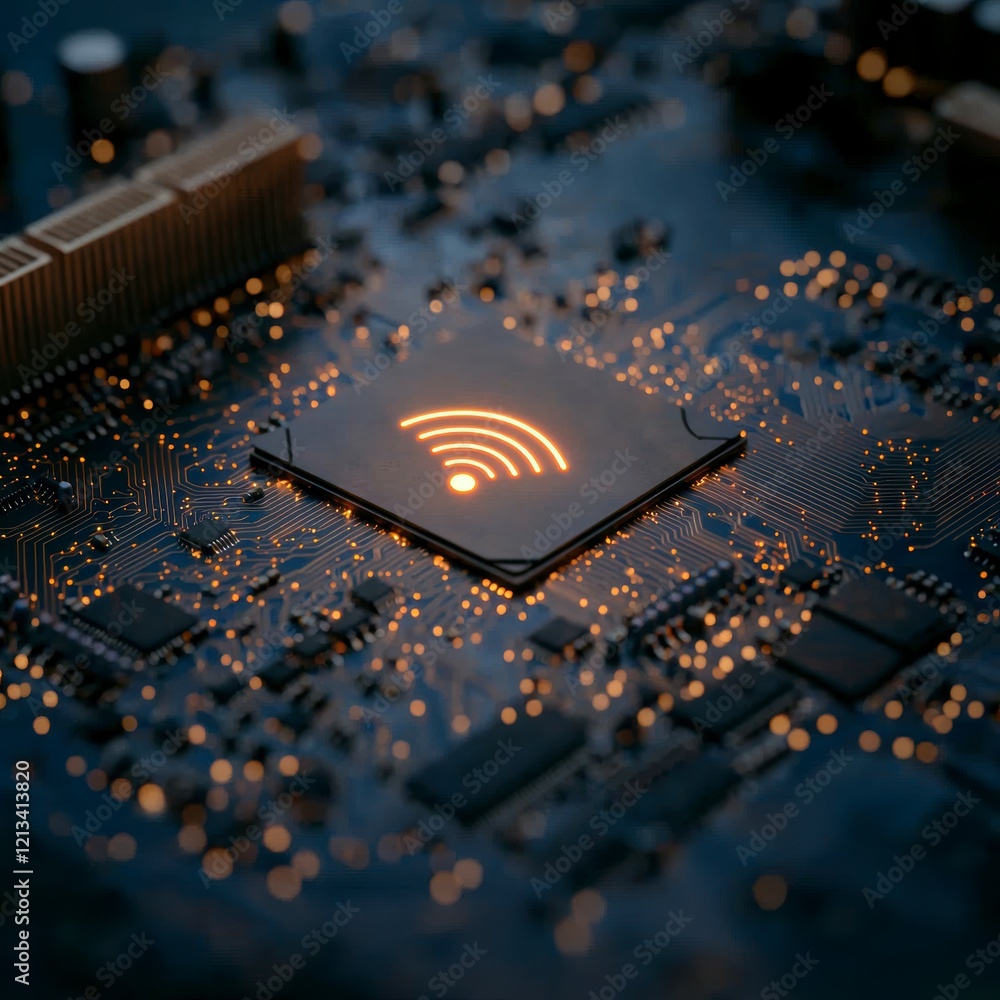 Poster futuristic wireless tech microchip wifi connectivity 3d render