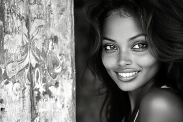 Fototapeta premium Commercial digital ads creative. Long hairdo - highlighted hair. Pretty smiling mixed-race girl - for ads, magazine ad and internet use. African beauty trends. Colored hair advertising beauty.