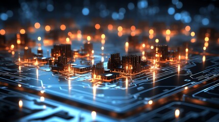 Illuminated futuristic cityscape on a circuit board.