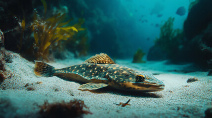 Obraz premium Spotted fish on sandy seabed, kelp forest background.