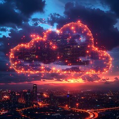 Fototapeta premium Glowing cloud network above cityscape at sunset.