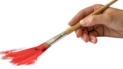 A hand with a light skin tone holds a paintbrush dipped in vibrant red paint, capturing the essence of creativity.