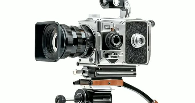 Vintage camera on tripod with detailed mechanics and lens