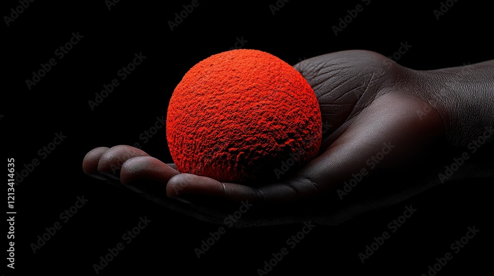 Poster red sphere in hand: a striking image of a vibrant red sphere held delicately in a hand against a bla