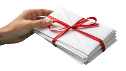 A hand, gender-neutral and of Middle-Eastern descent, gently holds a stack of elegantly tied envelopes.