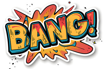 comic book sticker, create a comic sticker with a bold bang in dynamic lettering use bright colors, add a black outline, and action lines for an explosive effect include small stars or sparkles
