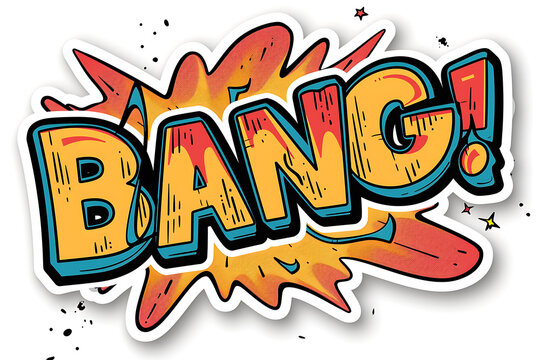 comic book sticker, create a comic sticker with a bold bang in dynamic lettering use bright colors, add a black outline, and action lines for an explosive effect include small stars or sparkles
