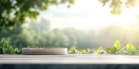 Fresh cake outdoors, sunny park background, spring. Food blog, recipe.