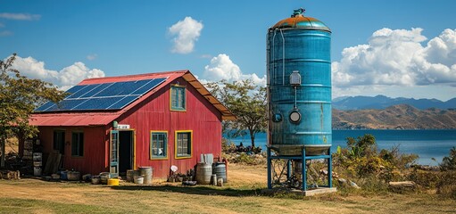 A solar-powered desalination facility in a dry region uses solar panels to convert seawater into fresh water, emphasizing the need for sustainable water solutions in arid environments.