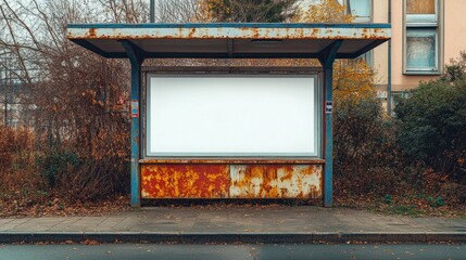 Abandoned Bus Stop with Rusty Paneled Shelter and Empty White Billboard Surrounded by Overgrown Vegetation