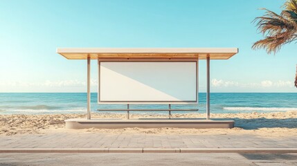 Beachside Bus Stop with Clean White Billboard Against Bright Sky and Ocean View