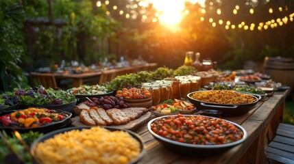 Sunset garden party buffet table food