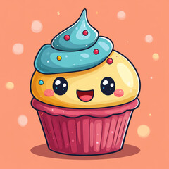 Adorable Cartoon Cupcake With Blue Frosting Smiles