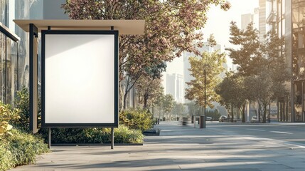 Contemporary Downtown Scene Featuring Empty Vertical Bus Stop Framed by Trees and Modern Urban Architecture