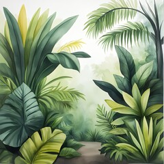 Lush Tropical Jungle Watercolor Painting: Tranquil Rainforest Scene with Vibrant Green Foliage and a Pathway Leading into the Dept